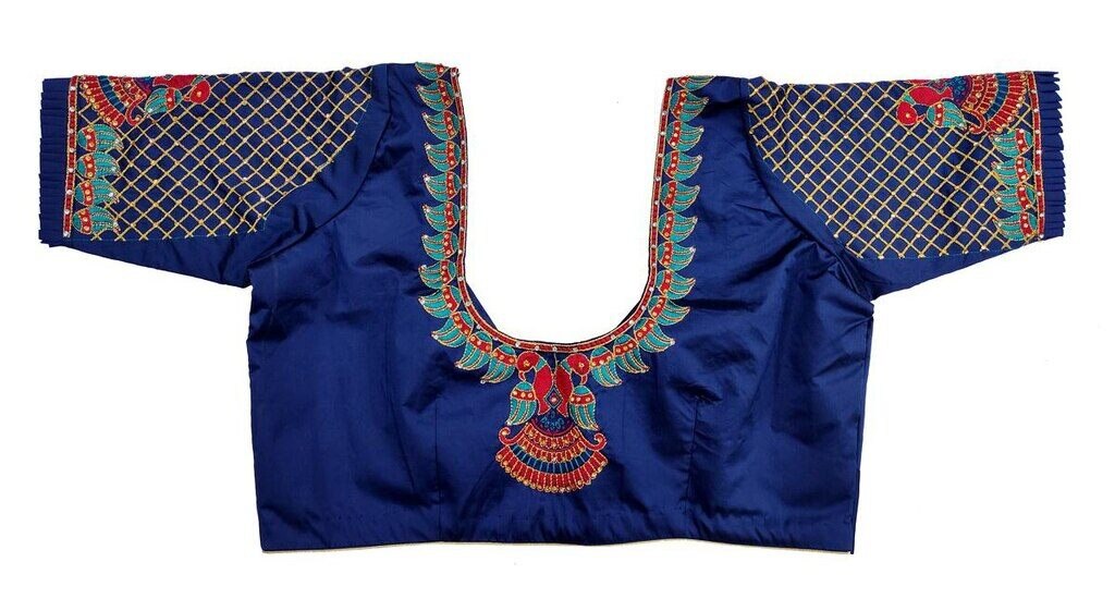 2Womens Hand Embroidery Maggam Work Blouse (Blue Colour)